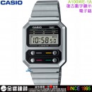 【金響鐘錶】現貨,CASIO A100WE-1ADF(公司貨,保固1年):::經典電子錶,復古造型設計,1/100碼錶,鬧鈴,A-100WE