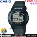 【金響鐘錶】預購,CASIO F-200W-1A(公司貨,保固1年):::10年電池,電子運動錶,兩地時間,計時碼錶,鬧鈴,夜間照明,手錶,F200W